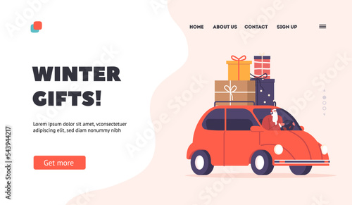 Winter Gifts Landing Page Template. Santa Claus Character Driving Car with Christmas Gifts on Roof. Funny Noel Personage
