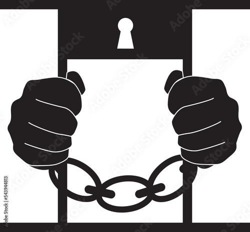 Png black icon of a prisoner serial killer. Hands of a prisoner in chains holding the bars of a prison cell.