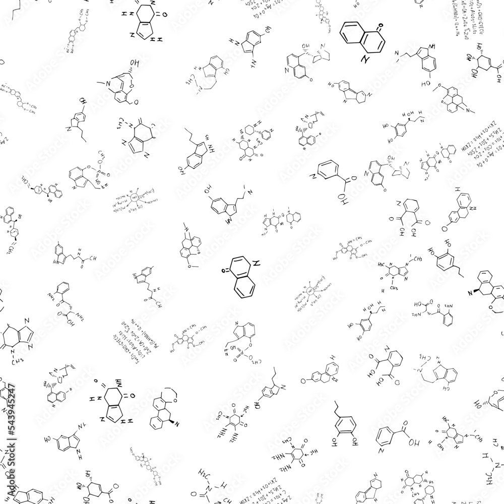 chemical formulas. scientific, educational background. seamless vector pattern. hand drawn.