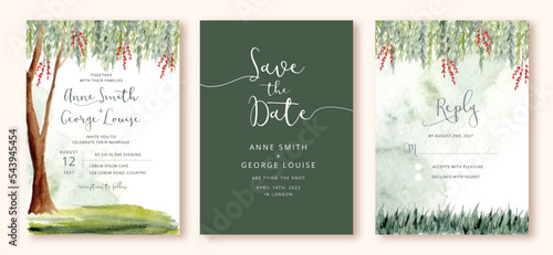 wedding invitation set with green watercolor landscape