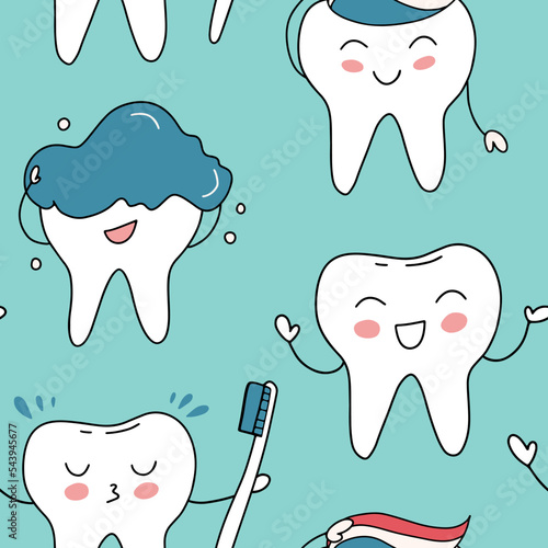 Seamless pattern of smiling teeth. Blue background. Concept for medical cabinet, dentistry advertising. Design print to social media, ad, textile, wallpaper, business card, wrapping paper, poster.