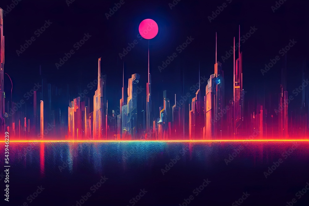 Cyberpunk city, abstract illustration, futuristic city, artwork at night,  4k wallpaper, night city landscape Stock Illustration