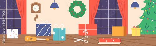 Santa Claus Office Interior, Cozy Room with Decorated Fir-Tree, Presents and Gift Boxes on Desk with Wrapping Paper