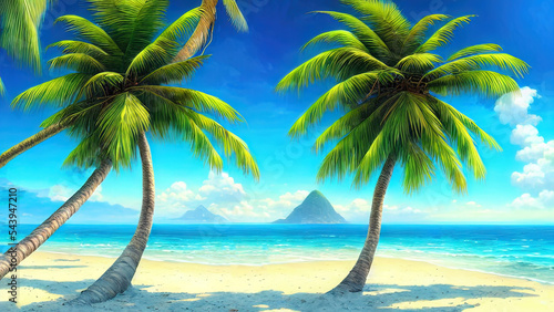 Sunny beach on the sea, tall palm trees, horizon. Fantasy seascape with palm trees, sand, blue sky. The perfect place, vacation, island. unreal world.