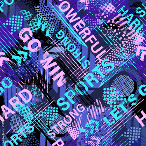 Abstract seamless chaotic pattern with urban words, scuffed and sprays. Grunge texture background. Wallpaper for girls. Fashion sport style