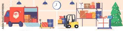 Santa Claus Office or Warehouse Interior with Gifts in Truck, Forklift, Manual Trolley and Shelf with Presents