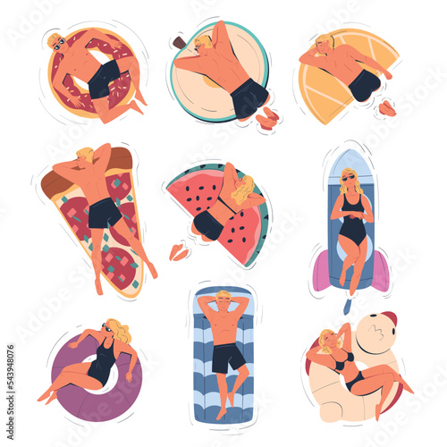 People Characters Floating on Air Mattress or Rubber Rings in Swimming Pool Vector Set