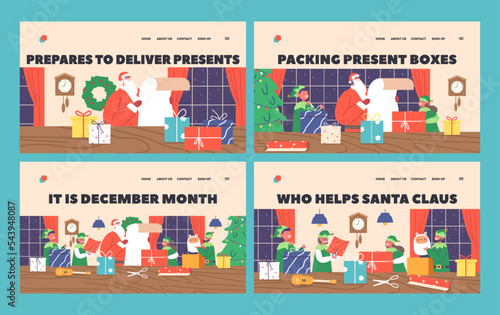 Merry Christmas And Happy New Year Landing Page Template Set. Santa Claus Working With Elves In Office Room Reading List