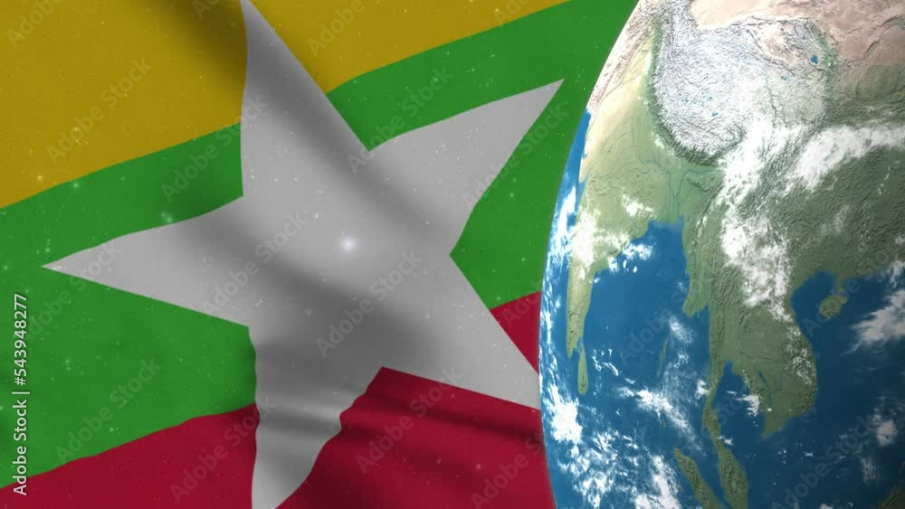 Myanmar Flag and Myanmar Map on Earth Globe 4K