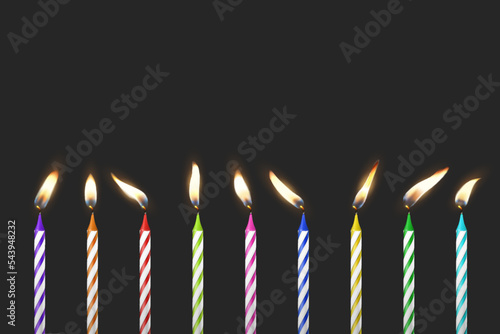 Vector 3d Realistic Paraffin or Wax Burning Birthday Party Candle and Different Flame of a Candle Icon Set Isolated on Black Background. Design Template, Clipart, Birthday Concept