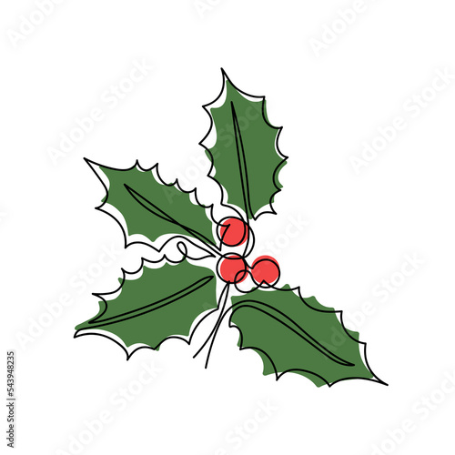 One line drawing holly berry leaves. Modern continuous line art, aesthetic contour. Christmas plant for greeting cards, t-shirt prints, poster, sticker, logo. Vector illustration