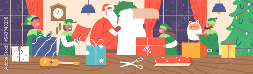 Santa Claus Working With Elves In Office Room Reading Gift List and Prepare Presents to Kids for Christmas And New Year