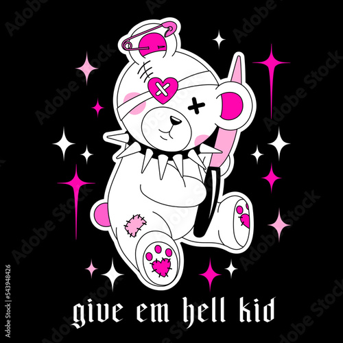 Emo goth y2k 2000s teddy bear toy with slogan "Give em hell kid". Weird gothic 00's sticker, black and pink colors. Concept of dangerous crue gothic toy. Cute scary bear with seams, patches.