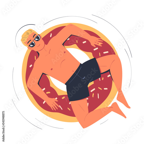 Man Character in Sunglasses Floating on Rubber Ring in Swimming Pool Vector Illustration