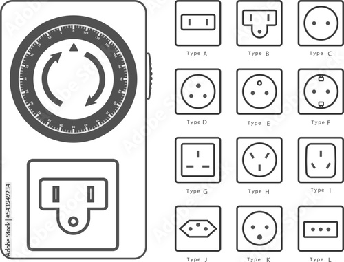 Socket type. Power socket timer vector illustration. Power Electric Sockets - flat vector set. Socket with timer