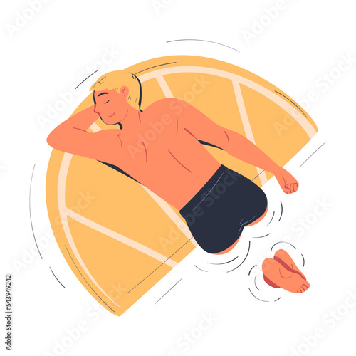 Man Character Floating on Air Mattress in Swimming Pool Vector Illustration