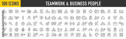 Set of 100 Teamwork icons in line style. Team, business people, human resources, collaboration, research, meeting, partnership, support, businessman. Collection. Vector illustration.	