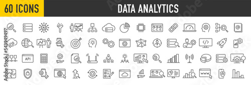Set of 60 Data Analysis web icons in line style. Graphs, Analysis, Big Data processing, growth, statistics, analytics, chart, research network collection. Vector illustration.