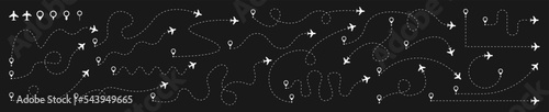 Airplane routes set. Plane paths. Aircraft tracking, planes, travel, map pins, location pins. Vector illustration.