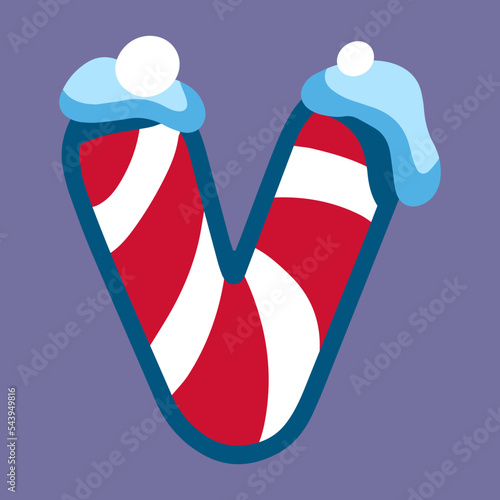 christmas winter letter V with red white lolipop ornament and snow, dark blue backdrop, doodle