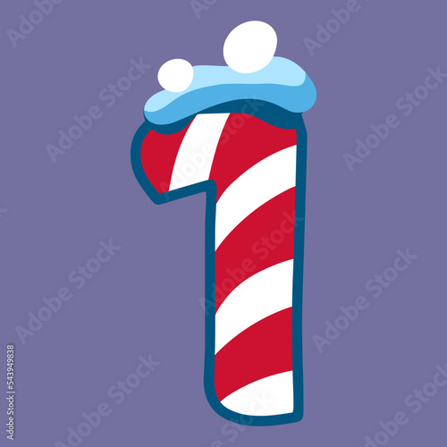 christmas winter figure 1 with red white lolipop ornament and snow, dark blue backdrop, doodle