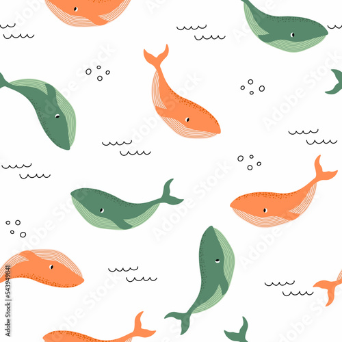 Vector seamless pattern with whale.Underwater cartoon creatures.Marine background.Cute ocean pattern for fabric, childrens clothing,textiles,wrapping paper