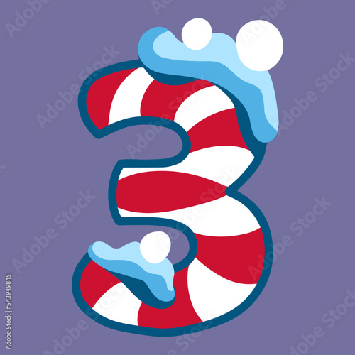 christmas winter figure 3 with red white lolipop ornament and snow, dark blue backdrop, doodle