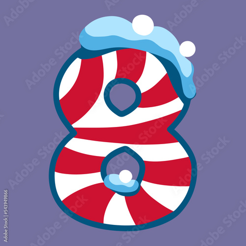 christmas winter figure 8 with red white lolipop ornament and snow, dark blue backdrop, doodle