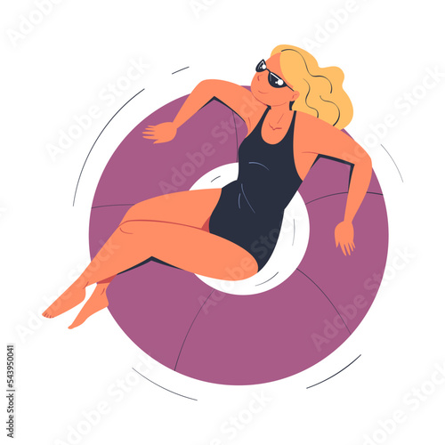 Woman Character in Sunglasses Floating on Rubber Ring in Swimming Pool Vector Illustration