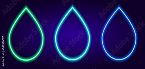 neon water drop. a set of turquoise drops, dark blue and neon blue drops glow in the dark for water advertising