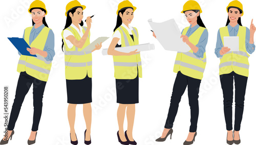 Hand-drawn set of female workers with helmets and vests. Vector flat style illustration isolated on white. Full length view