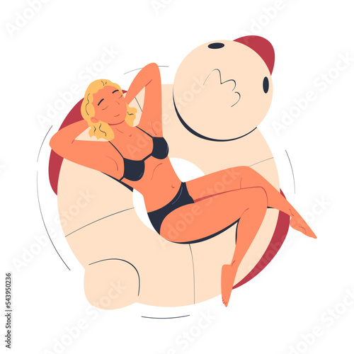 Woman Character in Swimsuit Floating on Duck Rubber Ring in Swimming Pool Vector Illustration