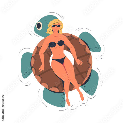 Woman Character in Sunglasses Floating on Turtle Rubber Ring in Swimming Pool Vector Illustration