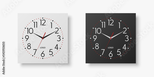 Vector 3d Realistic White, Black Square Wall Office Clock Set, Design Template Isolated on White. Dial with Roman Numerals. Mock-up of Wall Clock for Branding and Advertise Isolated. Clock Face Design