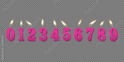 Vector 3d Realistic Paraffin or Wax Burning Pink Birthday Party Candles, Numbers and Different Flame of a Candle Icon Set Isolated. Design Template, Clipart, Birthday Concept. Top View