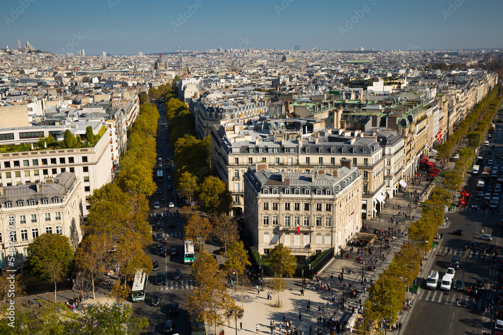 Beautiful panoramic view of Paris from drone at sunny day