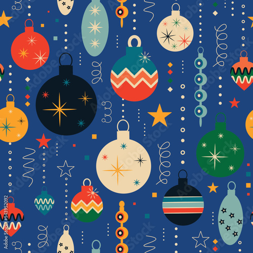 Retro vintage Christmas pattern with tree toys. Christmas seamless background