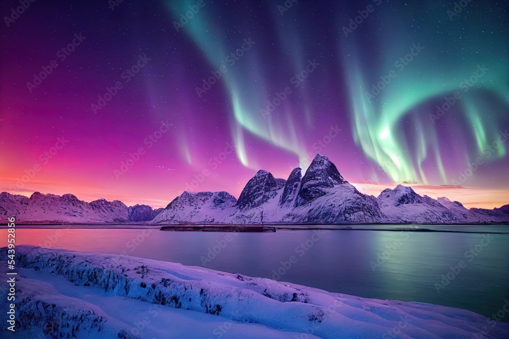 Aurora Borealis, Lofoten islands, Norway. Nothen light, mountains and frozen ocean. Winter landscape at the night time. Norway travel image