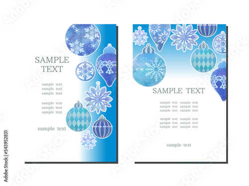 クリスマスオーナメントのイラストのカード、上品な青色