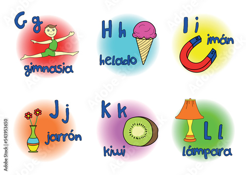 six letters of spanish alphabet with upper and lower case letters and example words with pictures; vector design for teachers, schools, lessons
