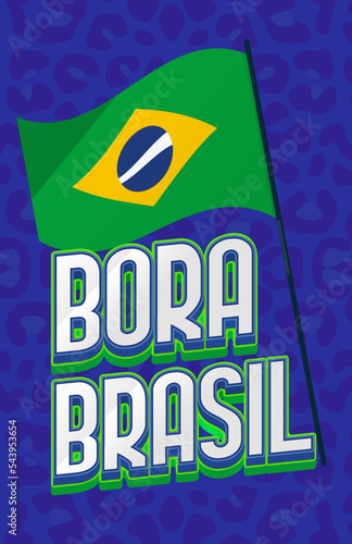 Arte de torcida para o Brasil na copa do mundo. Frase Bora Brasil estilizado para campanhas com fundo azul e textura da onça parda.