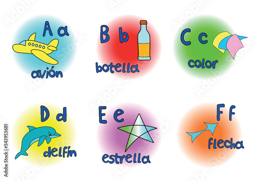 six letters of spanish alphabet with upper and lower case letters and example words with pictures; vector design for teachers, schools, lessons
