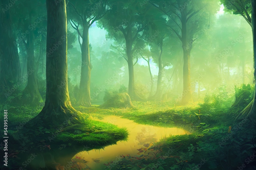 Obraz premium Peaceful Forest. Video Game's Digital CG Artwork, Concept Illustration, Realistic Cartoon Style Background