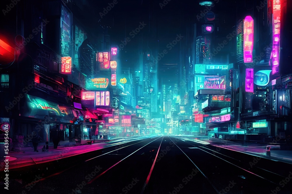 Photorealistic 3d illustration of the futuristic city in the style of cyberpunk. Empty street with neon lights and big glowing billboard. Beautiful night cityscape. Grunge urban landscape.