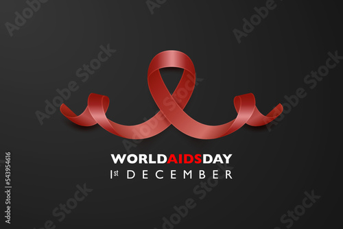 World AIDS Day Banner - Aids Awareness Red Silk Ribbon on Black Horizontal Background. Aids Day Concept. Design Template for 1st December Poster, Placard, Card, Aids Awareness