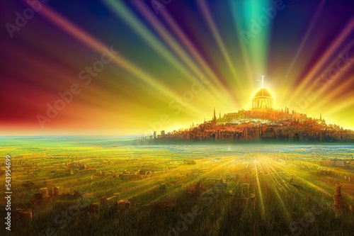 Obraz na płótnie The New Jerusalem Holy City of Zion glowing with the glory of God in front of a grassy plain