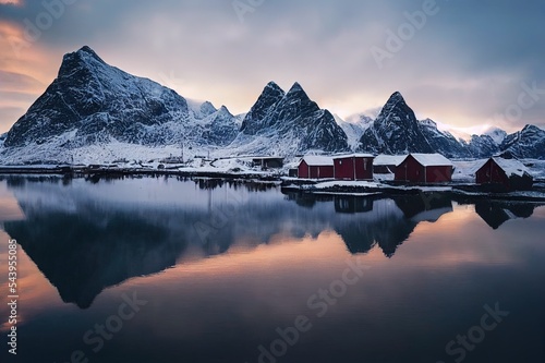 Tablou canvas Wonderful winter view on snowcapped mountains, red fishing hut and cloudy sky with reflection