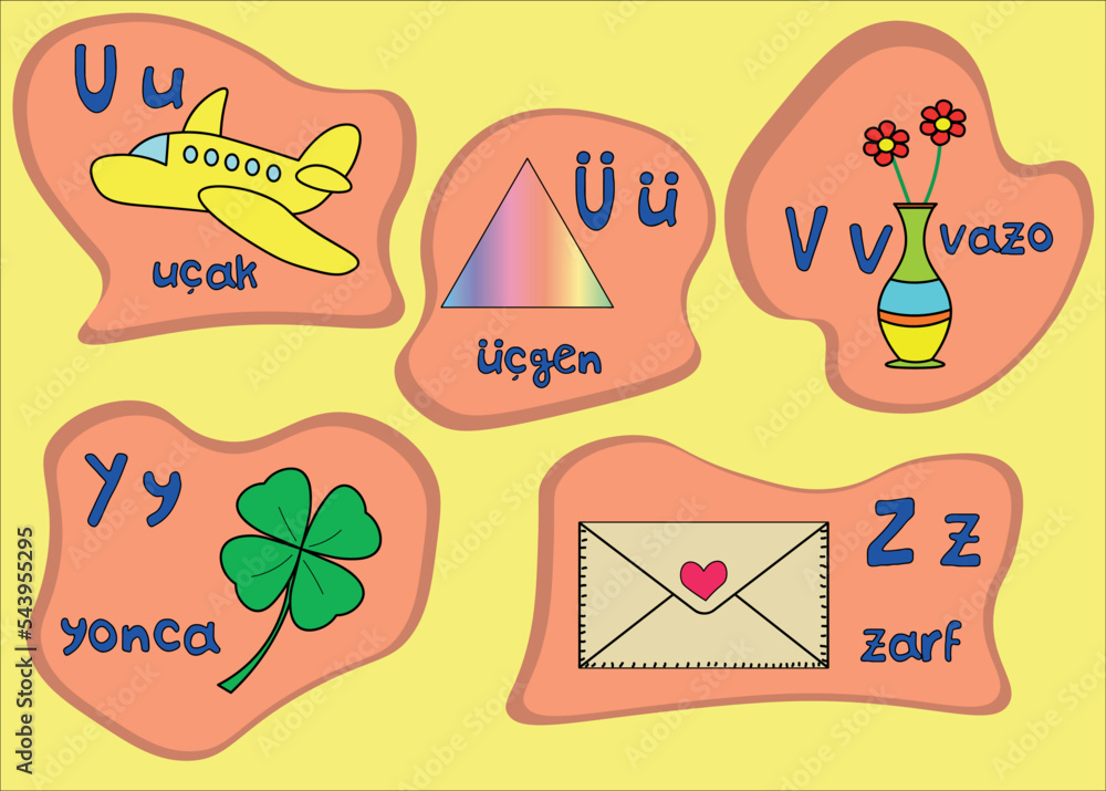 part of turkish alphabet with upper and lower case letters and example