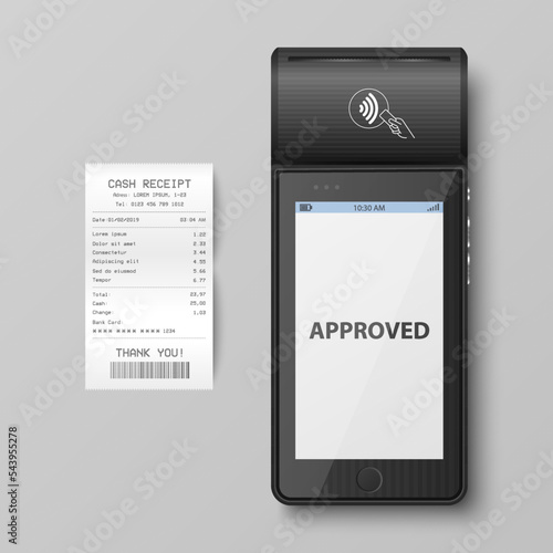 Vector 3d NFC Payment Machine with Approved Status, Paper Check, Receipt Isolated. Wi-fi, Wireless Payment. POS Terminal, Machine Design Template of Bank Payment Contactless Terminal, Mockup. Top VIew