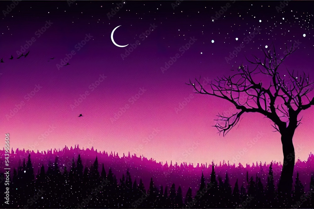 Fototapeta premium Black Purple Night Gradient With Silhouette Dark Black Tree And Birds With Stars